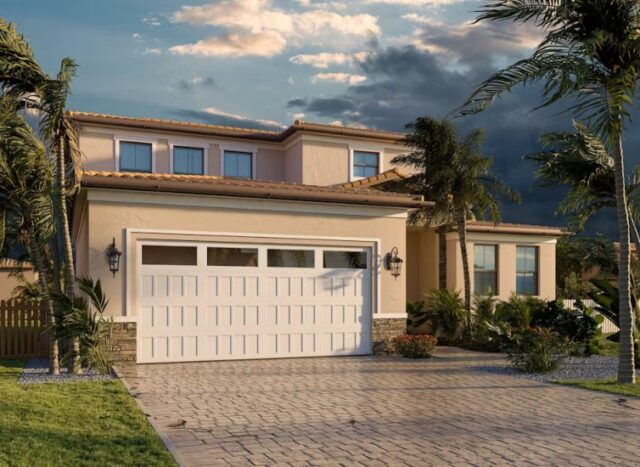 White Hormann Garage Door with Top-Row Windows Installed on a Tropical-Style Home in San Jose, CA